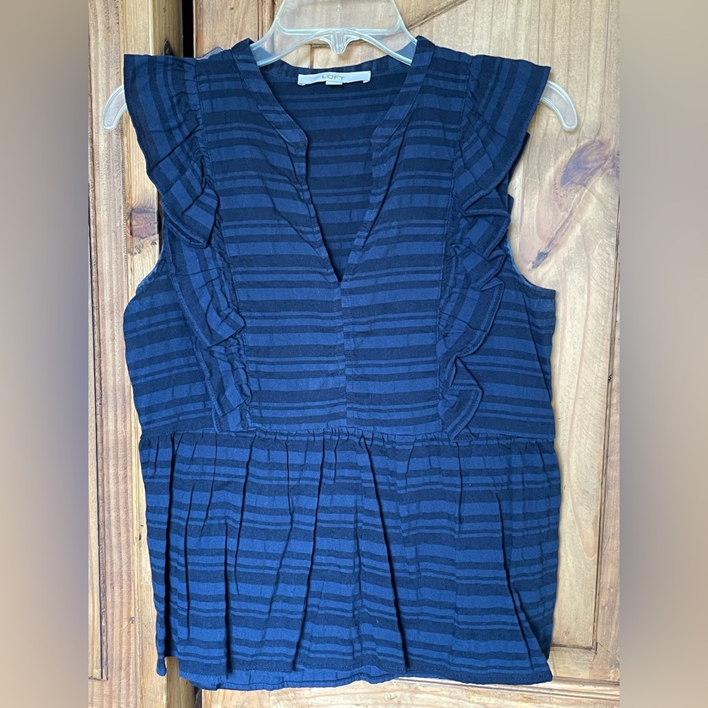 Loft plaid split-neck top with ruffle
